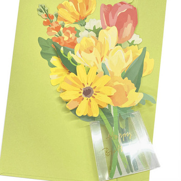 グリーティングカード 誕生日祝い　透明花瓶に黄色い花