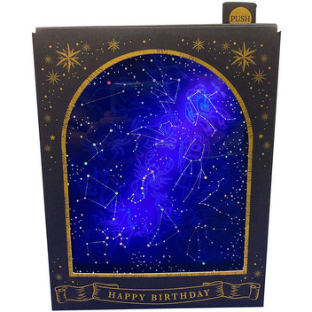 グリーティングカード 誕生日祝い　ライト＆メロディー　黒枠に星座図