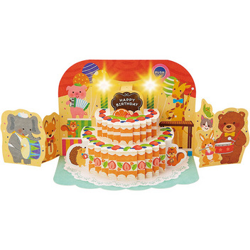 グリーティングカード 誕生日祝い　ライト＆メロディー　ケーキと動物
