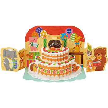 グリーティングカード 誕生日祝い　ライト＆メロディー　ケーキと動物