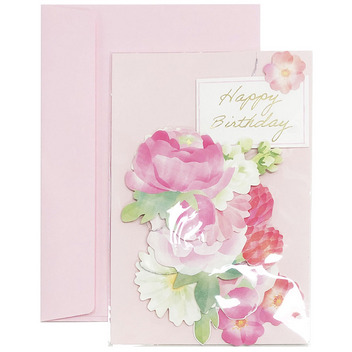 グリーティングカード 誕生日祝い　つるして飾るピンク系お花