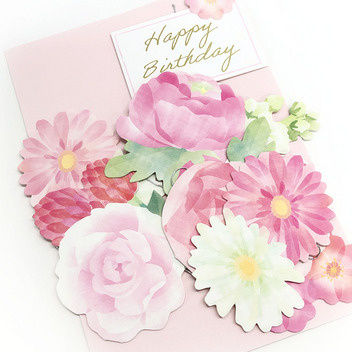 グリーティングカード 誕生日祝い　つるして飾るピンク系お花