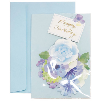 グリーティングカード 誕生日祝い　つるして飾るブルー系お花