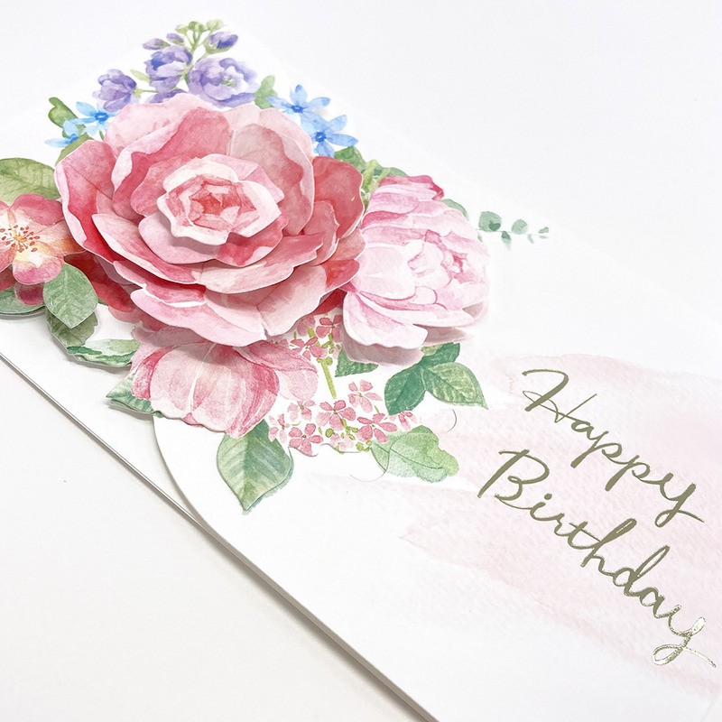 グリーティングカード 誕生日祝い　半立体の花　ピンク