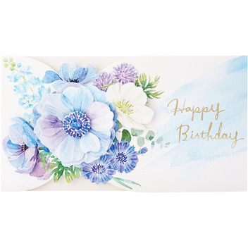 グリーティングカード 誕生日祝い　半立体の花　ブルー