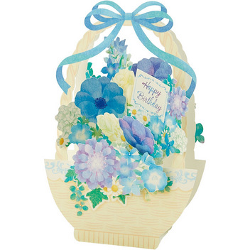 グリーティングカード 誕生日祝い　ブルー系花かご