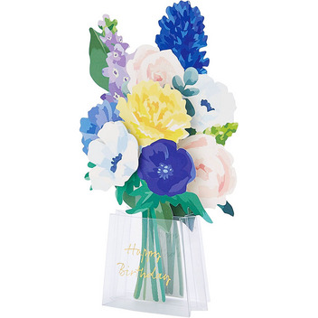 グリーティングカード 誕生日祝い　透明花瓶に青い花