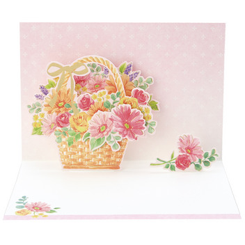 グリーティングカード 感謝　ピンク系水彩花かご
