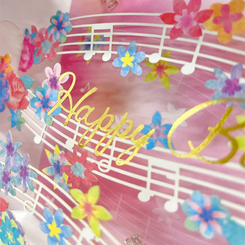 グリーティングカード 誕生日祝い　ライト＆メロディー　レーザーカット 音符と花