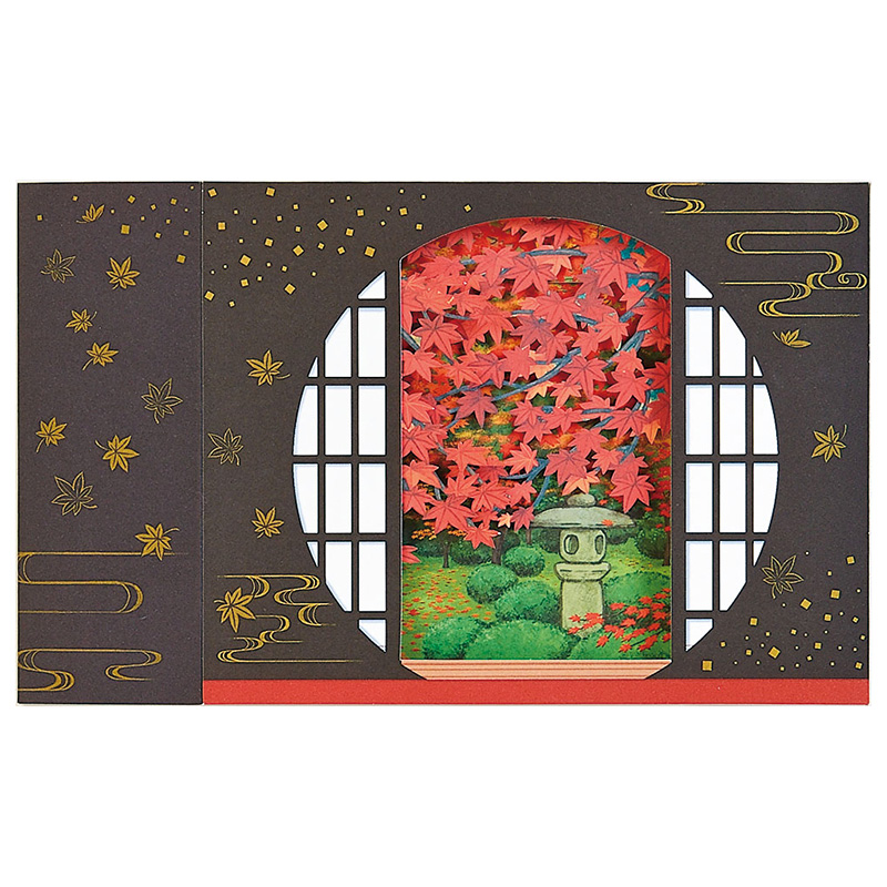 グリーティングカード 秋　丸窓に紅葉