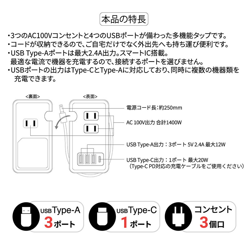 ハンギョドン USB/USB Type-Cポート付きテーブルタップ