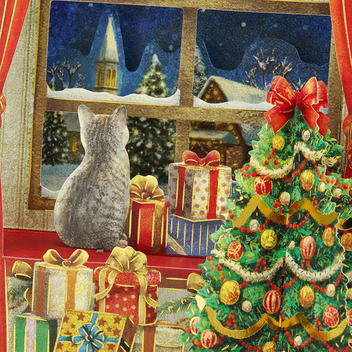 グリーティングカード クリスマス　窓辺にネコ