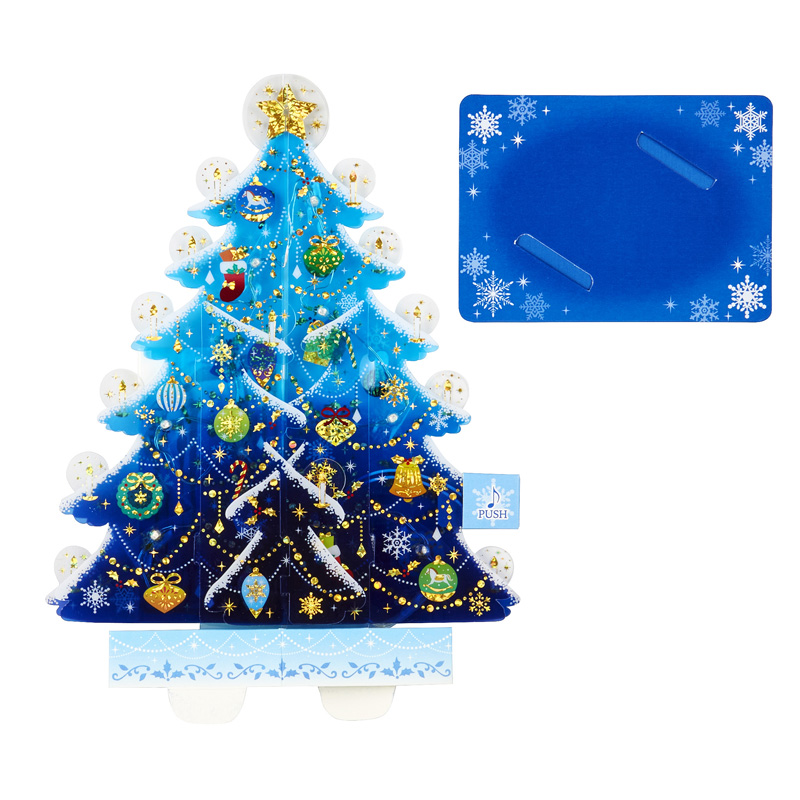 グリーティングカード クリスマス　ライト＆メロディー　青い透明ツリー