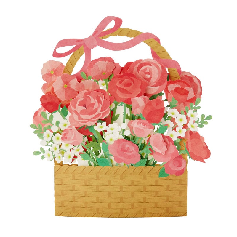 グリーティングカード 多目的　レーザーカット赤い花の花かご