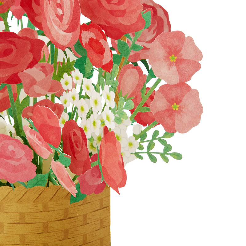 グリーティングカード 多目的　レーザーカット赤い花の花かご