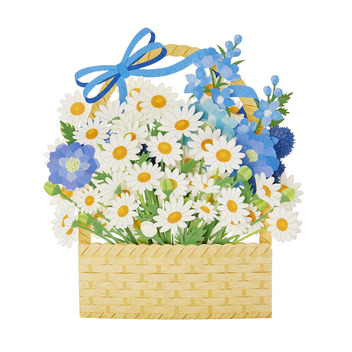 グリーティングカード 多目的　レーザーカット青い花の花かご