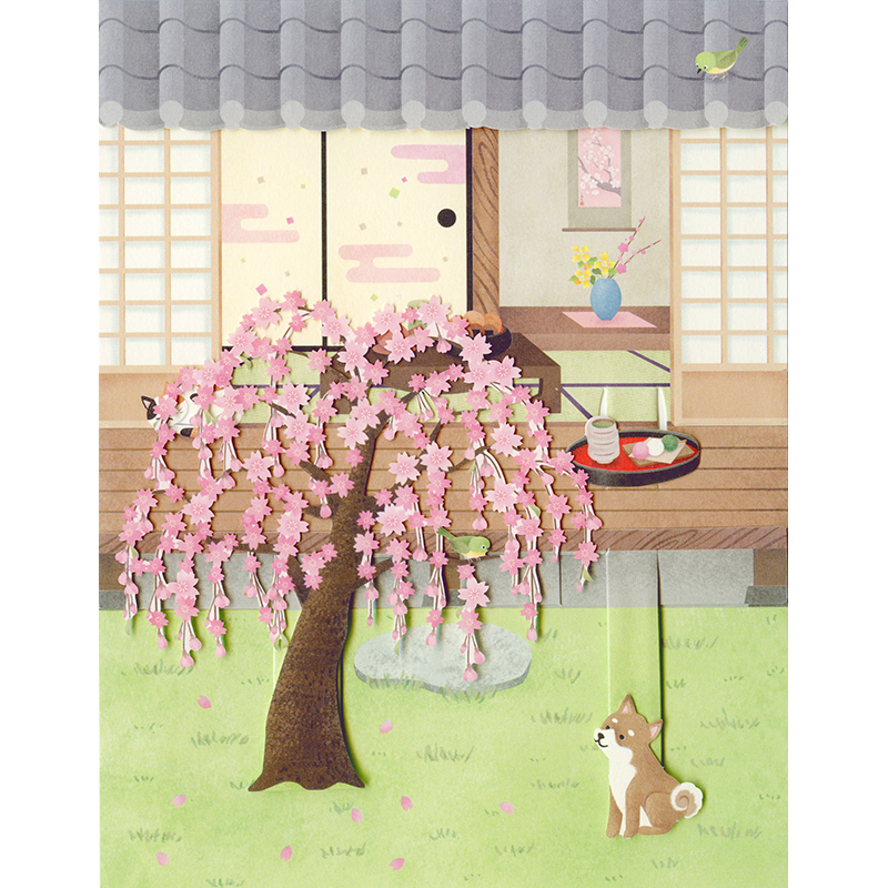 グリーティングカード 春　庭にしだれ桜と柴犬