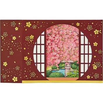 グリーティングカード 春　丸窓から桜と庭園