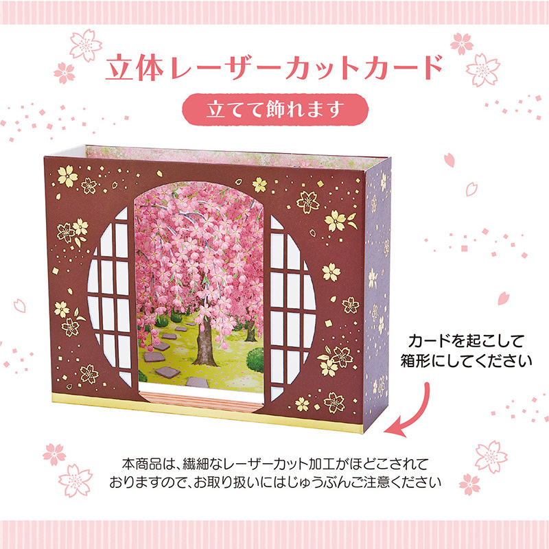 グリーティングカード 春　丸窓から桜と庭園