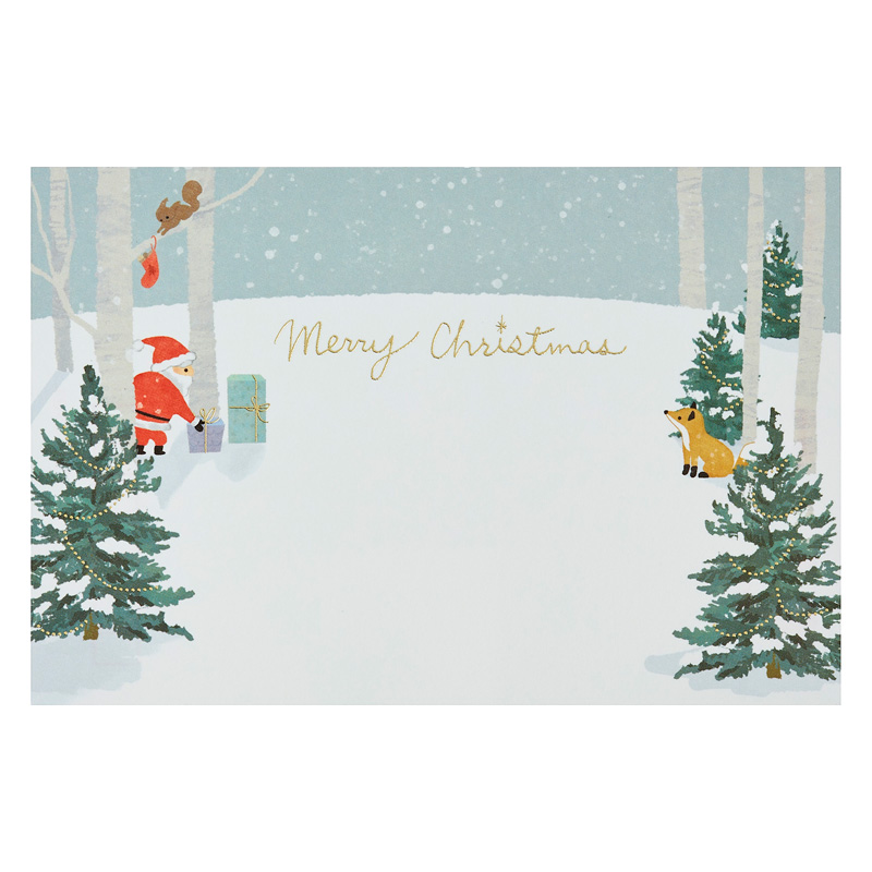 グリーティングカード クリスマス　ポストカード　雪の林にサンタと動物