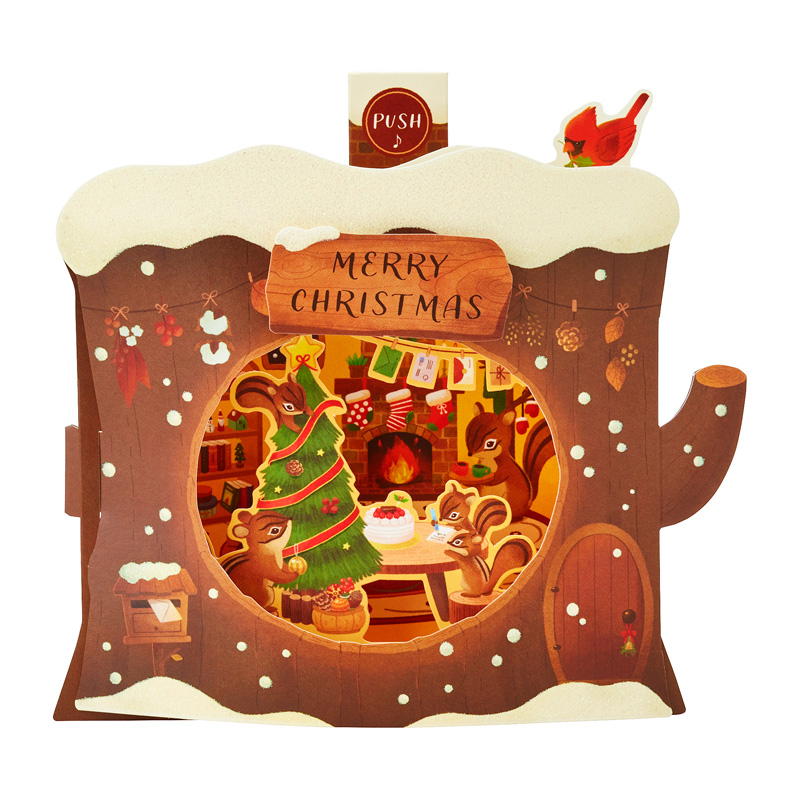 グリーティングカード クリスマス　ライト＆メロディー　切り株の家