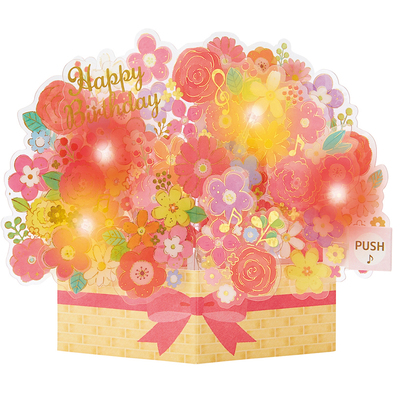 グリーティングカード 誕生日祝い　ライト＆メロディー　花かご
