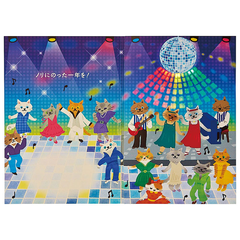 グリーティングカード 誕生日祝い　ライト＆メロディー　ミラーボールの下にネコたち