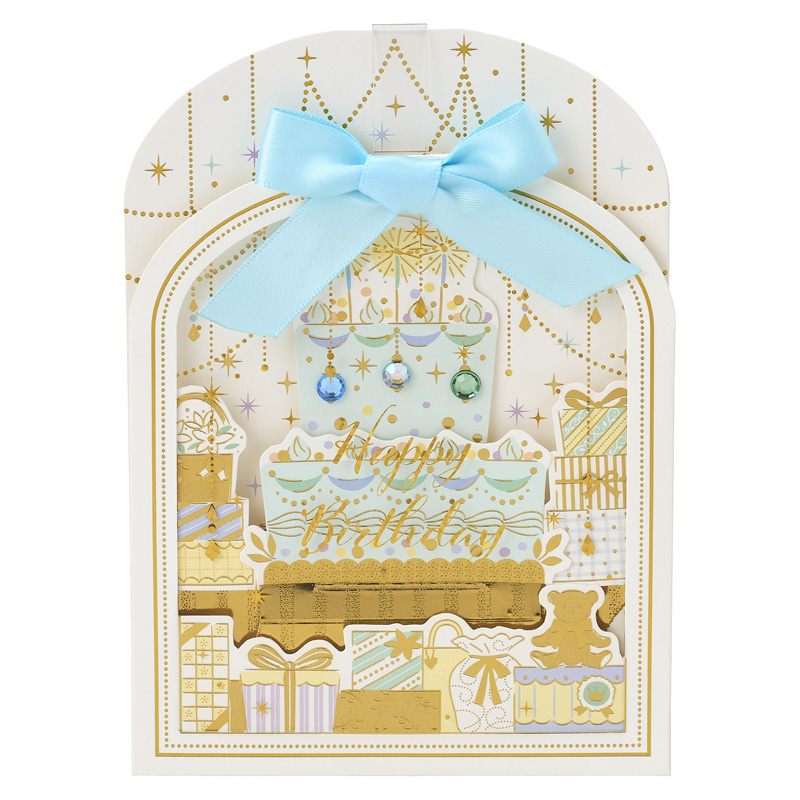 グリーティングカード 誕生日祝い　リボン付き枠の中にケーキ