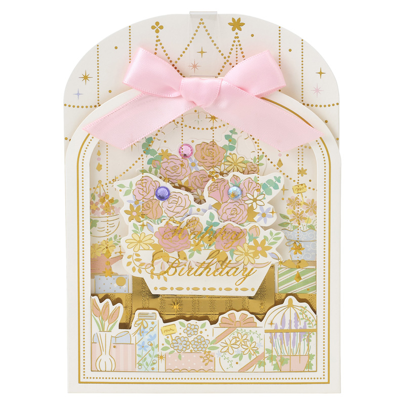グリーティングカード 誕生日祝い　リボン付き枠の中に花