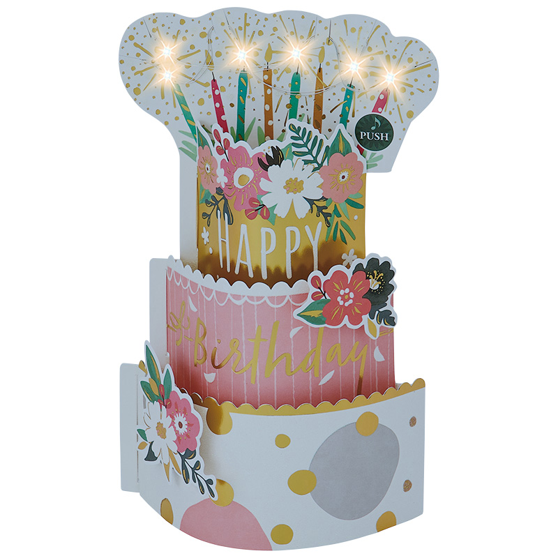 グリーティングカード 誕生日祝い　ライト＆メロディー　３段ケーキ