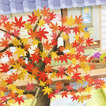 グリーティングカード 秋　庭に紅葉と柴犬
