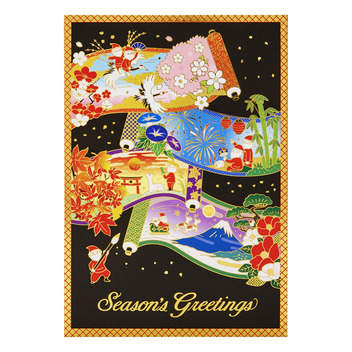 グリーティングカード 和風クリスマス　金線サンタ四季のびょうぶ