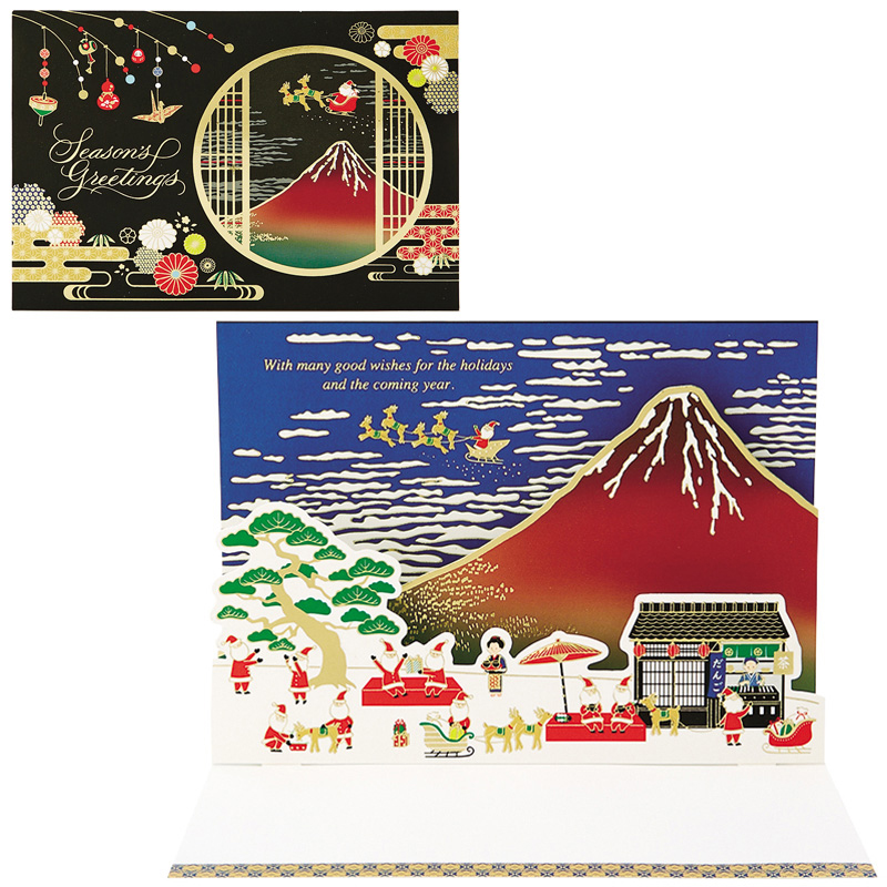グリーティングカード 和風クリスマス　赤富士と金線サンタ