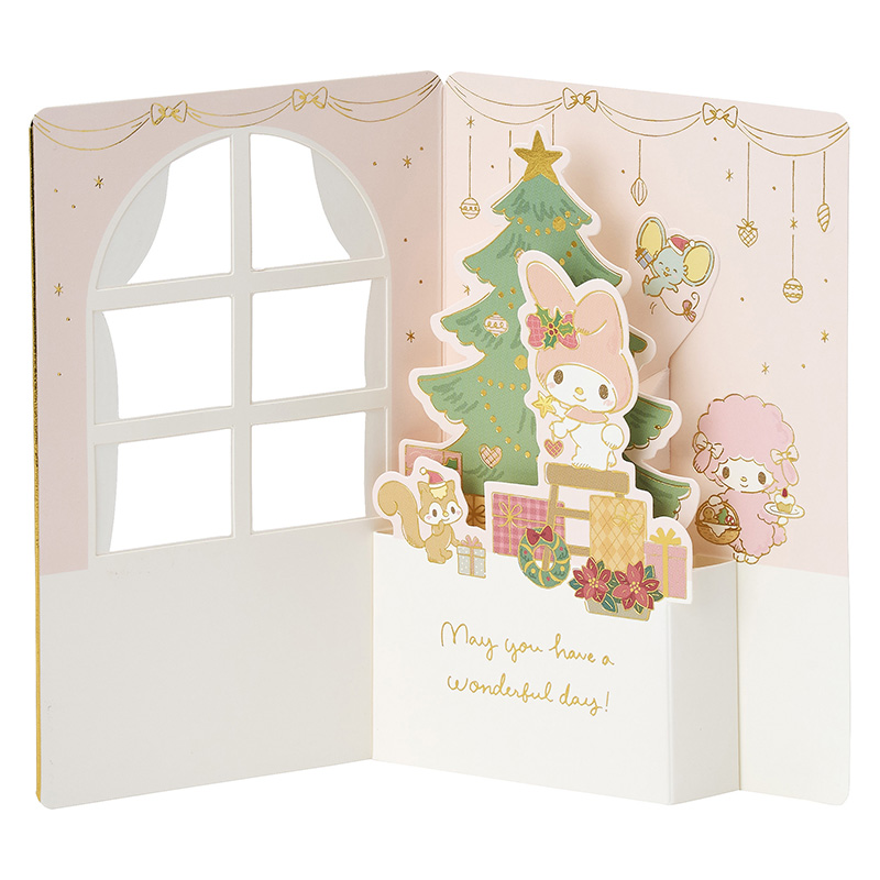 グリーティングカード クリスマス　マイメロディ ツリー飾る