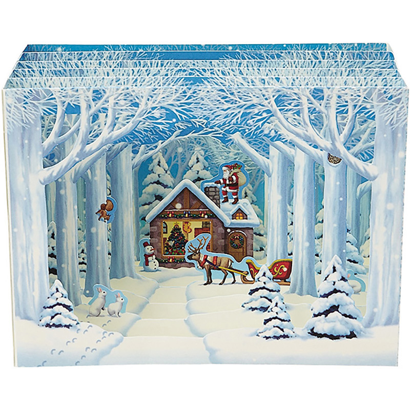 グリーティングカード クリスマス　雪の森の奥に家