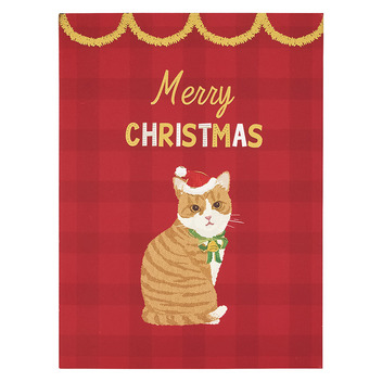 グリーティングカード クリスマス　ミニカード　サンタ帽子をかぶるネコ