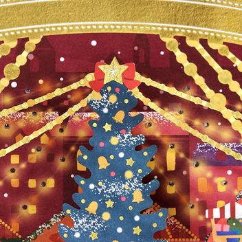 グリーティングカード クリスマス　ライト＆メロディー　金の枠にクリスマスマーケット