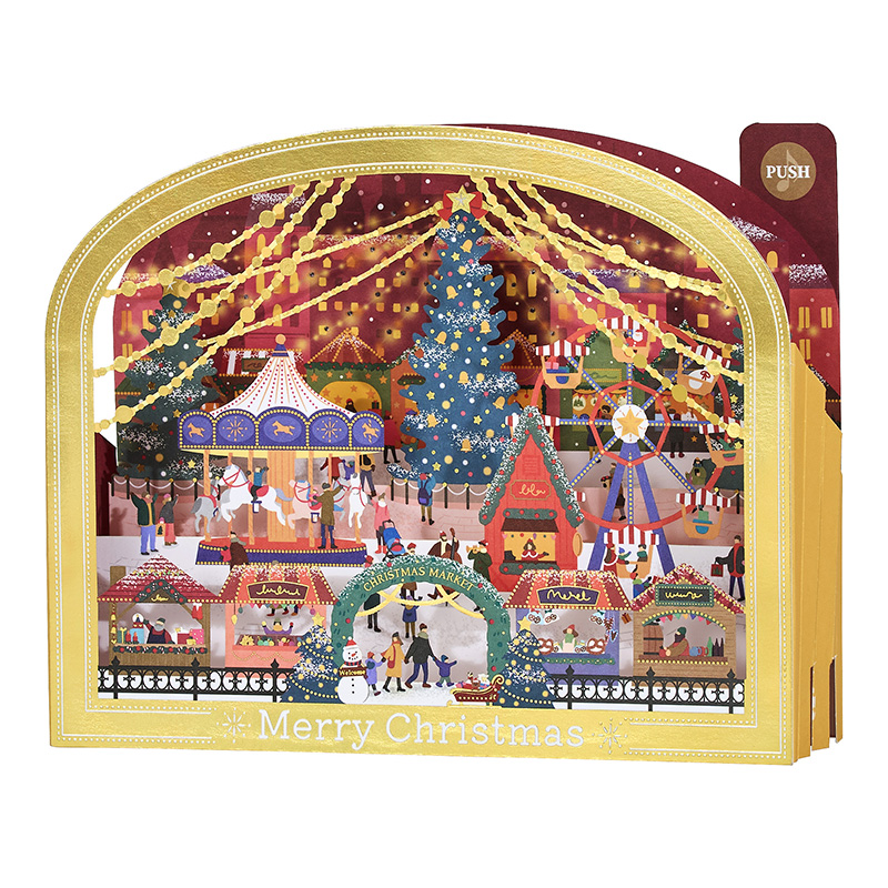グリーティングカード クリスマス　ライト＆メロディー　金の枠にクリスマスマーケット