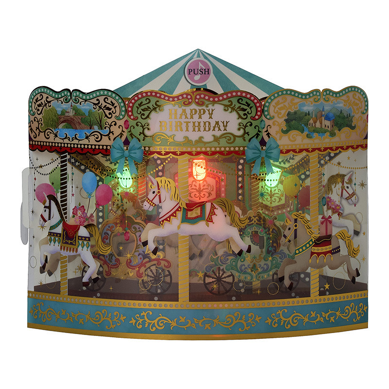 グリーティングカード 誕生日祝い　ライト＆メロディー　メリーゴーラウンド
