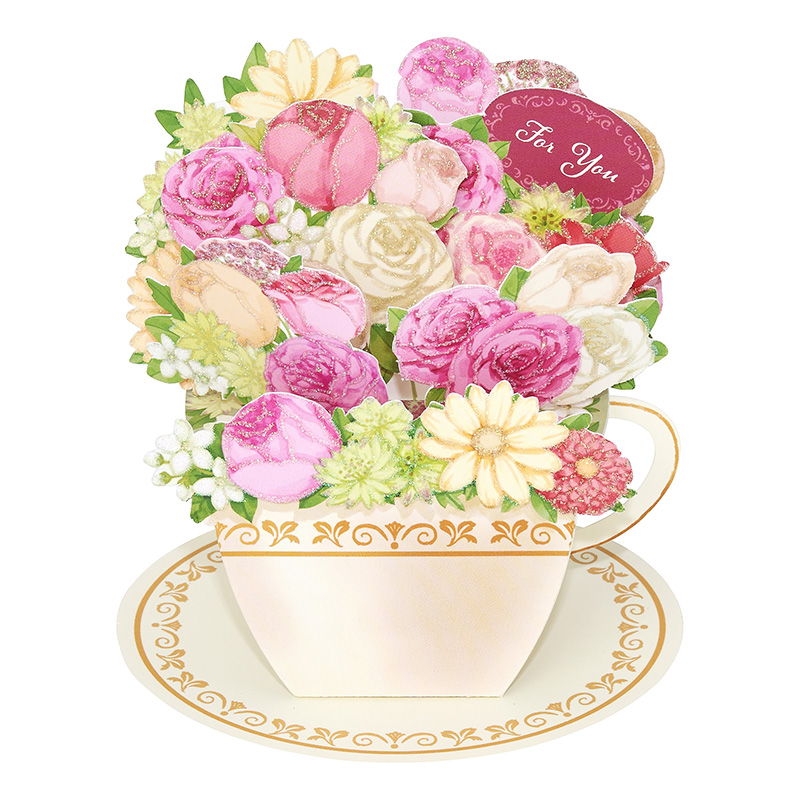 グリーティングカード 多目的　ティーカップにピンクの花