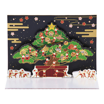 グリーティングカード 和風クリスマス　盆栽に金線サンタ