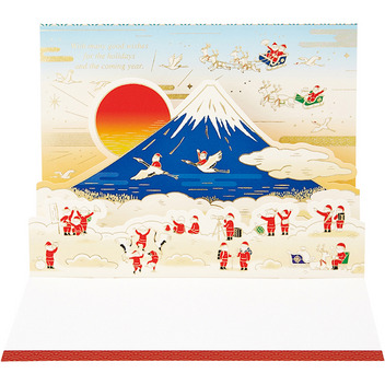 グリーティングカード 和風クリスマス　富士山に金線サンタ