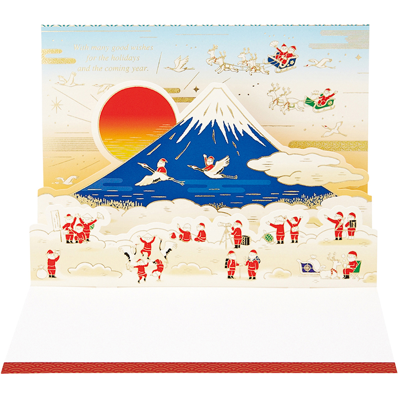 グリーティングカード 和風クリスマス　富士山に金線サンタ