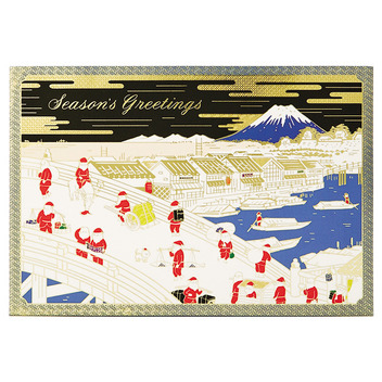 グリーティングカード 和風クリスマス　浮世絵風金線サンタ