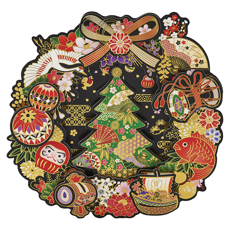 グリーティングカード 和風クリスマス　リースの中にツリー