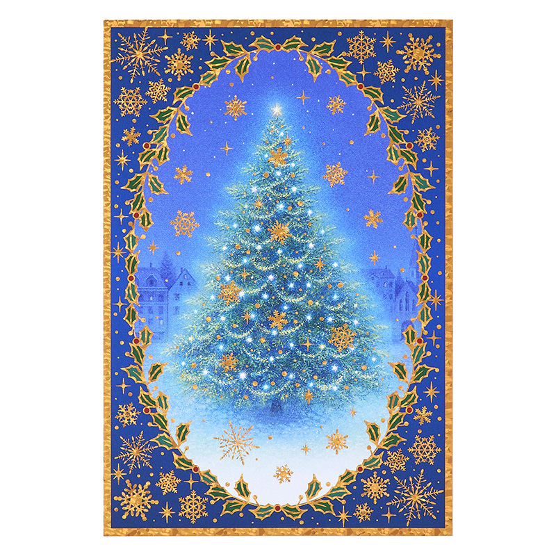 グリーティングカード クリスマス　ポストカード　ヒイラギ枠にツリー
