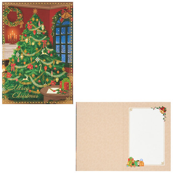 グリーティングカード クリスマス　赤い部屋にツリー