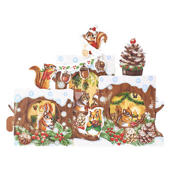 グリーティングカード クリスマス　切り株にリス