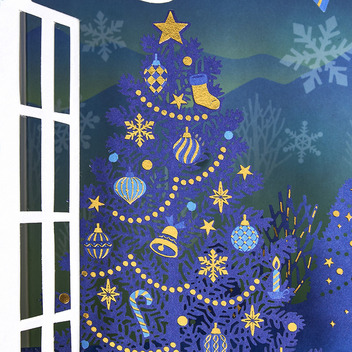 グリーティングカード クリスマス　ライト＆メロディー　窓枠青い風景