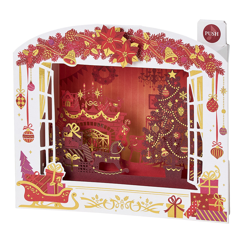 グリーティングカード クリスマス　ライト＆メロディー　窓枠赤い風景